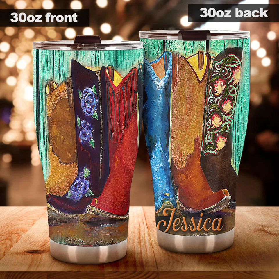 Camellia Personalized Hippie Cowboy Boots Painting Vintage Graphic Stainless Steel Tumbler - Double-Walled Insulation Travel Thermal Cup With Lid Gift For Teenager Hipster