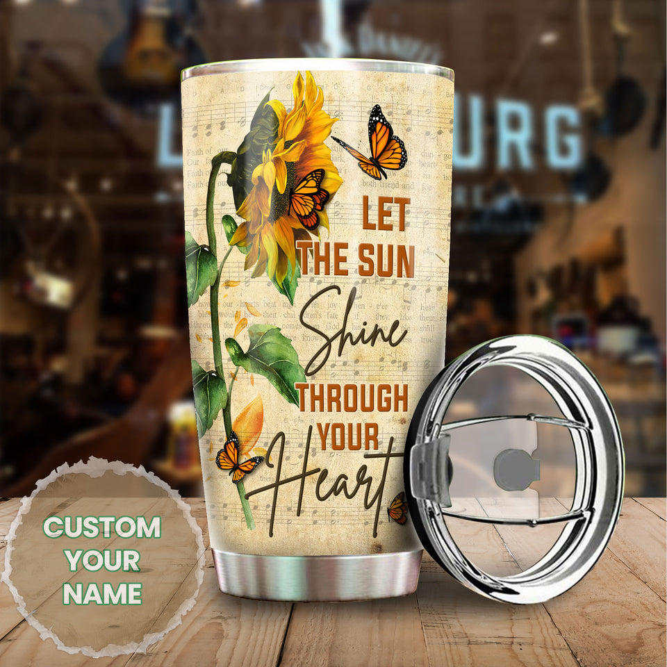 Camellia Personalized Sunflower Hippie Let The Sun Shine Through Heart Stainless Steel Tumbler - Double-Walled Insulation Travel Thermal Cup With Lid Gift For Hipster Girl