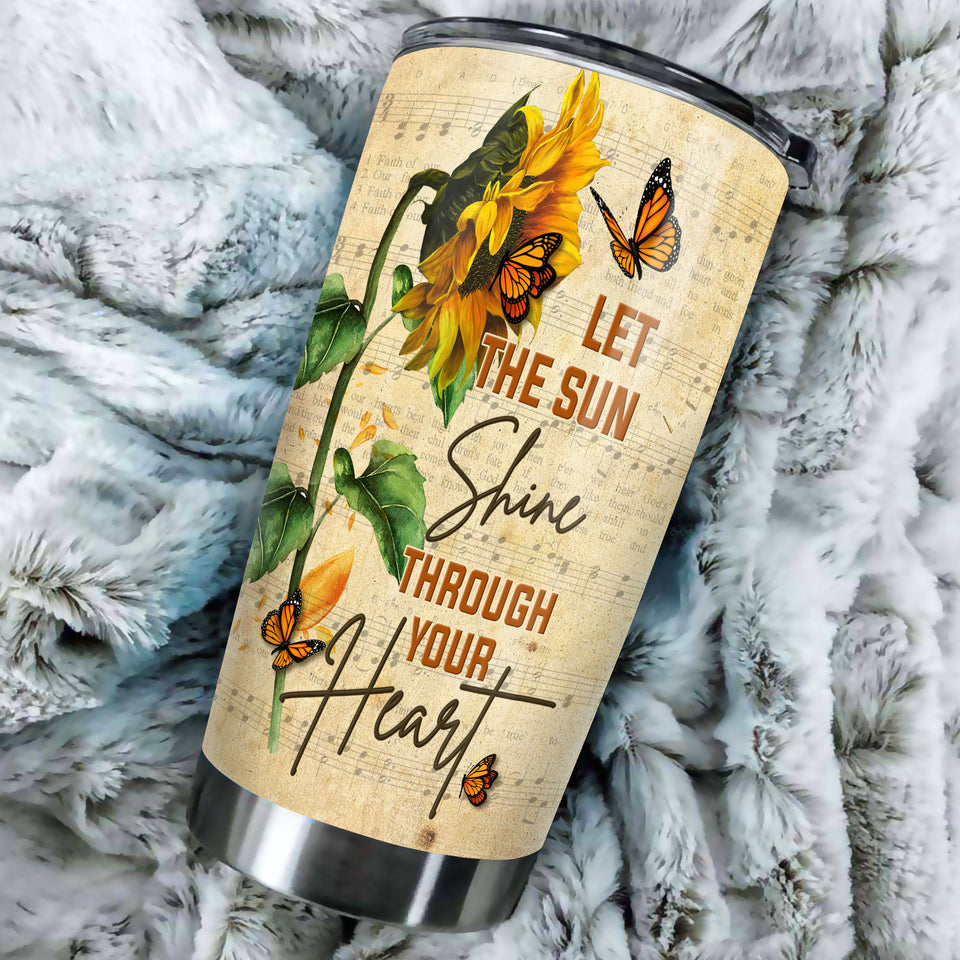 Camellia Personalized Sunflower Hippie Let The Sun Shine Through Heart Stainless Steel Tumbler - Double-Walled Insulation Travel Thermal Cup With Lid Gift For Hipster Girl