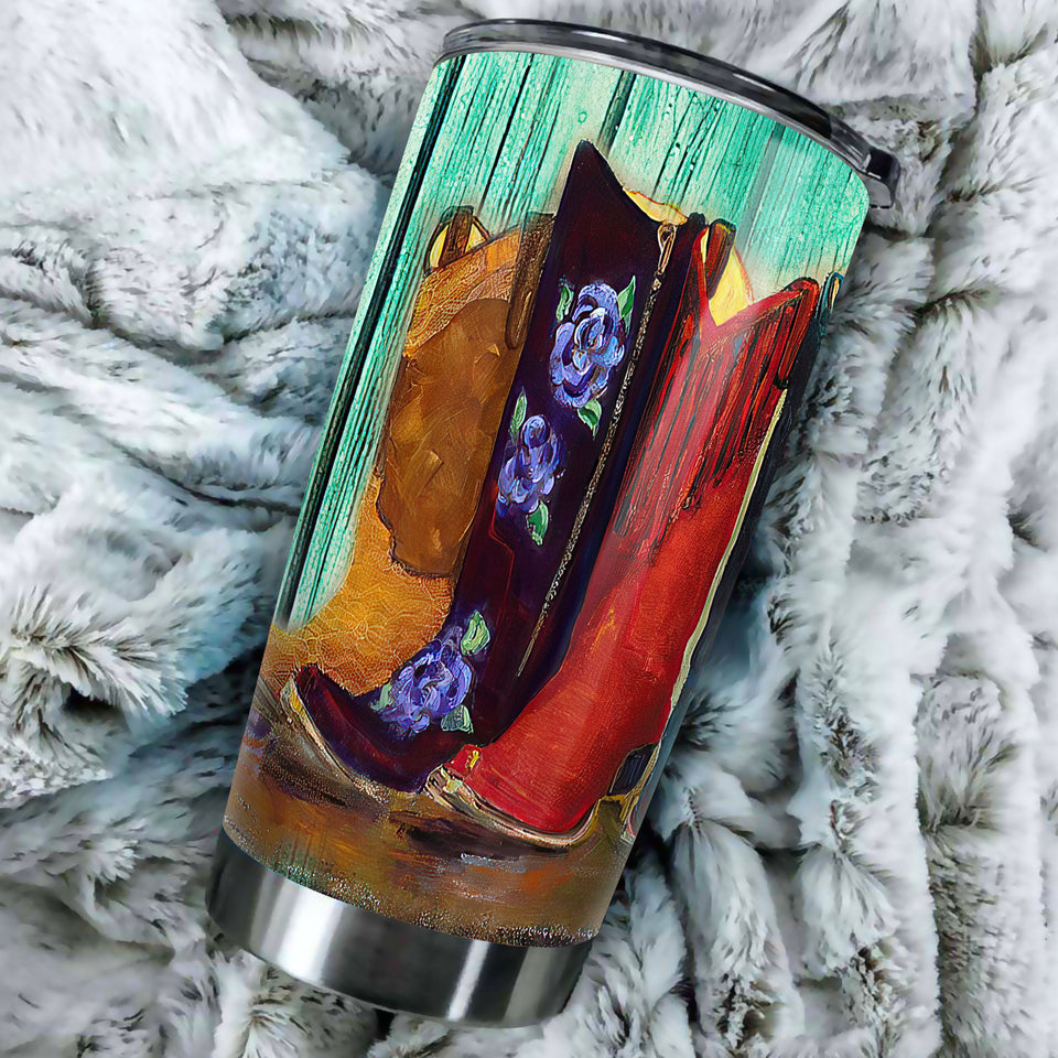 Camellia Personalized Hippie Cowboy Boots Painting Vintage Graphic Stainless Steel Tumbler - Double-Walled Insulation Travel Thermal Cup With Lid Gift For Teenager Hipster