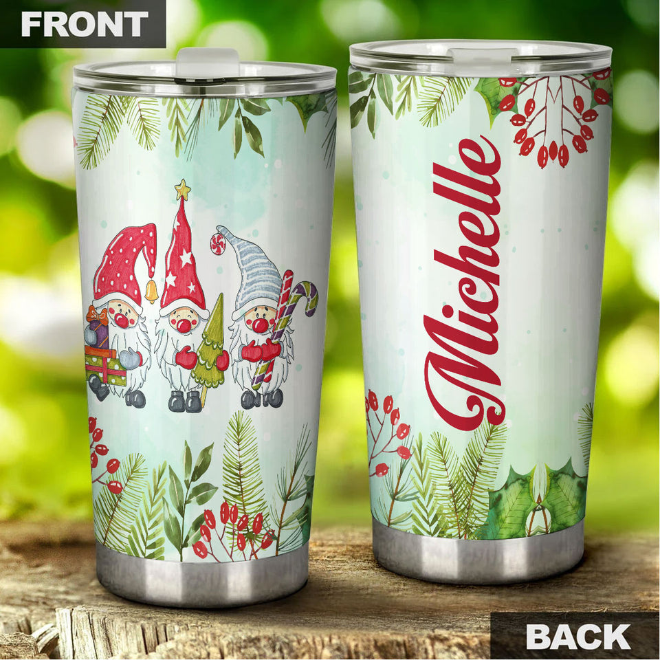 Camellia Personalized Gnomes Wearing Santa Hat Merry Christmas Stainless Steel Tumbler - Double-Walled Insulation Thermal Cup With Lid Gift For Xmas Holiday