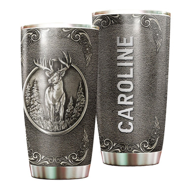 Camellia Personalized Deer Forest Hunting Silver Metal Style Stainless Steel Tumbler - Double-Walled Insulation Travel Thermal Cup With Lid Gift For Hunter Dad