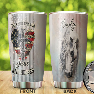 Camellia Personalized Girl Runs On Jesus And Horses American Flag Stainless Steel Tumbler - Double-Walled Insulation Thermal Cup With Lid Gift For Horse Lover