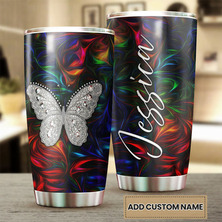 Camellia Personalized Colorful Butterfly Jewelry Style Stainless Steel Tumbler - Double-Walled Insulation Travel Thermal Cup With Lid Gift For Memorial Day
