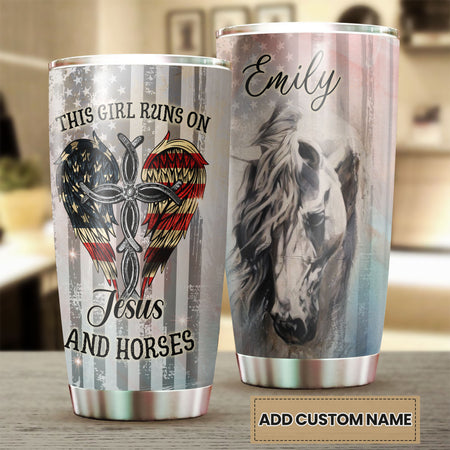 Camellia Personalized Girl Runs On Jesus And Horses American Flag Stainless Steel Tumbler - Double-Walled Insulation Thermal Cup With Lid Gift For Horse Lover