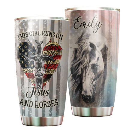 Camellia Personalized Girl Runs On Jesus And Horses American Flag Stainless Steel Tumbler - Double-Walled Insulation Thermal Cup With Lid Gift For Horse Lover