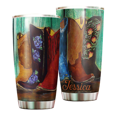 Camellia Personalized Hippie Cowboy Boots Painting Vintage Graphic Stainless Steel Tumbler - Double-Walled Insulation Travel Thermal Cup With Lid Gift For Teenager Hipster