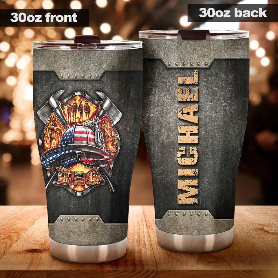 Camellia Personalized Firefighter American Flag Metal Style Graphics Stainless Steel Tumbler - Double-Walled Insulation Thermal Cup With Lid Gift For Firemen Volunteer