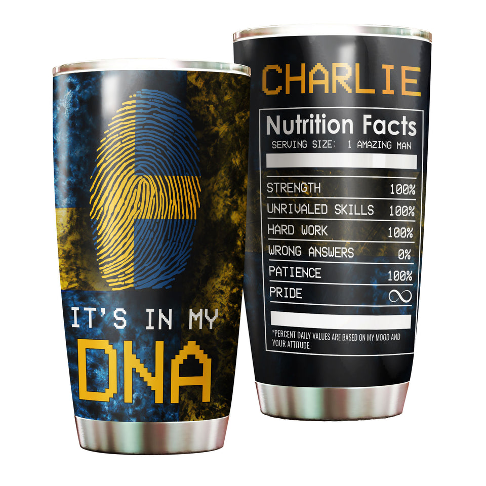 Camellia Personalized DNA Sweden Fingerprint Nutrition Facts Stainless Steel Tumbler - Double-Walled Insulation Travel Thermal Cup With Lid Gift For Swedish