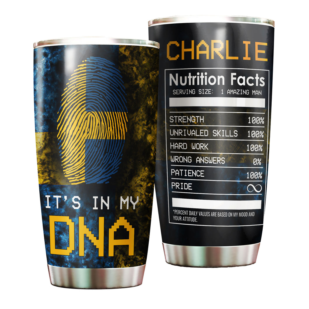 Camellia Personalized DNA Sweden Fingerprint Nutrition Facts Stainless Steel Tumbler - Double-Walled Insulation Travel Thermal Cup With Lid Gift For Swedish