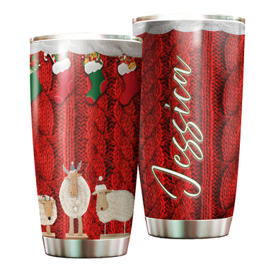 Camellia Personalized Christmas Wools Red Socks Sheep Yarn Knitting Stainless Steel Tumbler - Double-Walled Insulation Thermal Cup With Lid Xmas Gift For Crocheting Lover