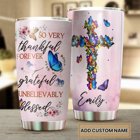 Camellia Personalized Butterfly Thankful Forever Unbelievably Blessed Stainless Steel Tumbler - Double-Walled Insulation Thermal Cup With For Memorable Day