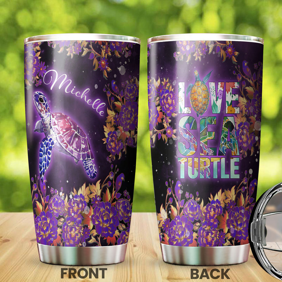 Camellia Personalized Purple Love Sea Turtle Stainless Steel Tumbler - Double-Walled Insulation Travel Thermal Cup With Lid Gift For Scuba Diver Surfing