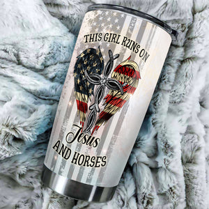 Camellia Personalized Girl Runs On Jesus And Horses American Flag Stainless Steel Tumbler - Double-Walled Insulation Thermal Cup With Lid Gift For Horse Lover
