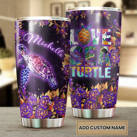 Camellia Personalized Purple Love Sea Turtle Stainless Steel Tumbler - Double-Walled Insulation Travel Thermal Cup With Lid Gift For Scuba Diver Surfing