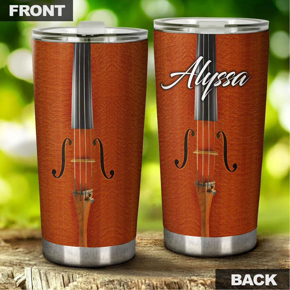 Camellia Personalized Violin String Graphics Stainless Steel Tumbler - Double-Walled Insulation Thermal Cup With Lid Gift For Violinist Guitarist Musician