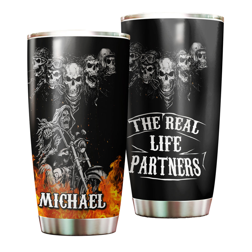 Camellia Personalized The Real Life Partner Skeleton Motorcycling Graphics Stainless Steel Tumbler - Double-Walled Insulation Thermal Cup With Lid Gift For Biker Men