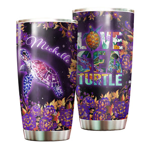 Camellia Personalized Purple Love Sea Turtle Stainless Steel Tumbler - Double-Walled Insulation Travel Thermal Cup With Lid Gift For Scuba Diver Surfing