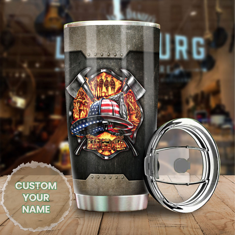 Camellia Personalized Firefighter American Flag Metal Style Graphics Stainless Steel Tumbler - Double-Walled Insulation Thermal Cup With Lid Gift For Firemen Volunteer