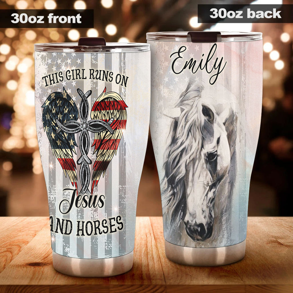 Camellia Personalized Girl Runs On Jesus And Horses American Flag Stainless Steel Tumbler - Double-Walled Insulation Thermal Cup With Lid Gift For Horse Lover