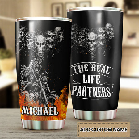 Camellia Personalized The Real Life Partner Skeleton Motorcycling Graphics Stainless Steel Tumbler - Double-Walled Insulation Thermal Cup With Lid Gift For Biker Men