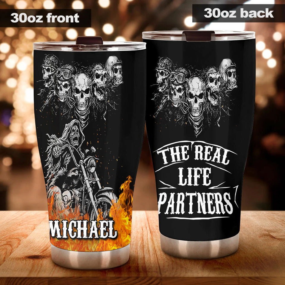 Camellia Personalized The Real Life Partner Skeleton Motorcycling Graphics Stainless Steel Tumbler - Double-Walled Insulation Thermal Cup With Lid Gift For Biker Men