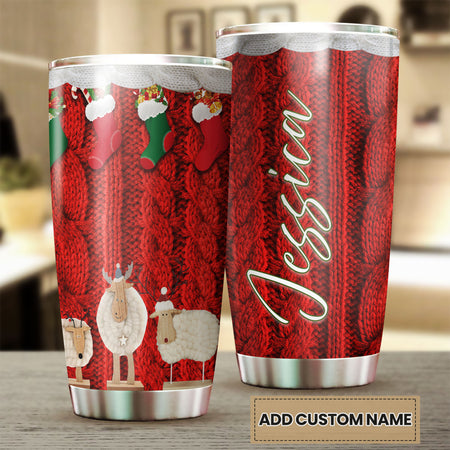 Camellia Personalized Christmas Wools Red Socks Sheep Yarn Knitting Stainless Steel Tumbler - Double-Walled Insulation Thermal Cup With Lid Xmas Gift For Crocheting Lover