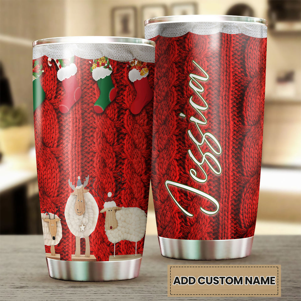 Camellia Personalized Christmas Wools Red Socks Sheep Yarn Knitting Stainless Steel Tumbler - Double-Walled Insulation Thermal Cup With Lid Xmas Gift For Crocheting Lover