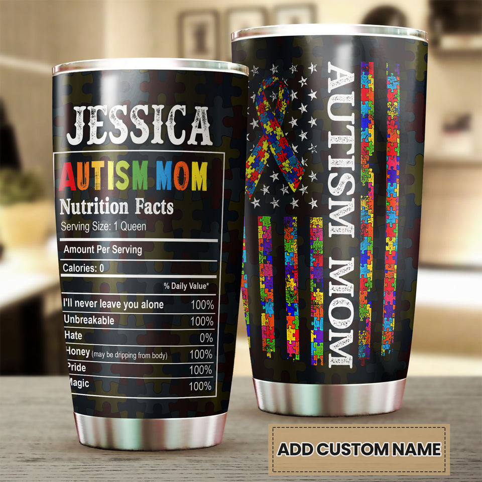 Camellia Personalized Autism Mom Nutrition Facts Pieces Ribbon Stainless Steel Tumbler - Double-Walled Insulation Travel Thermal Cup With Lid Gift For Autism Awareness Month