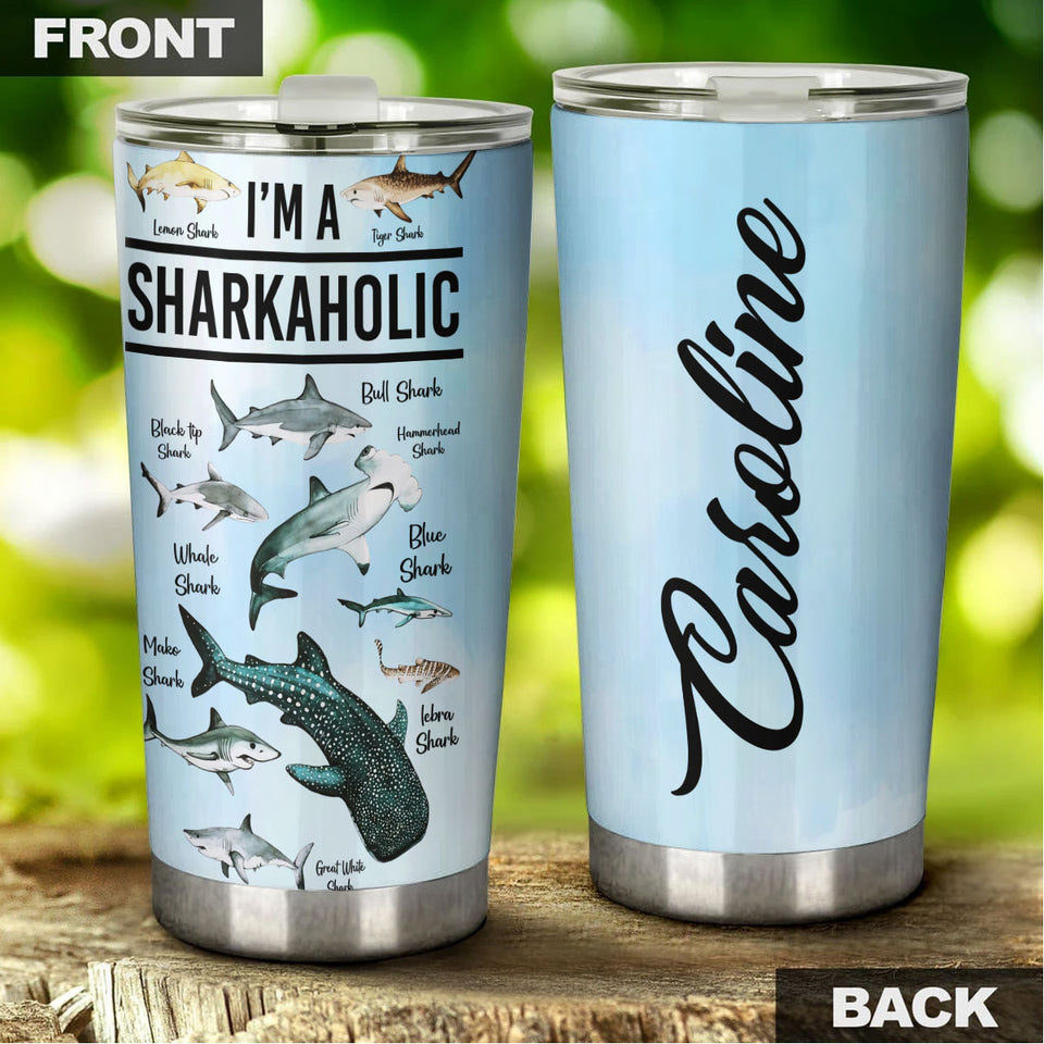Camellia Personalized I'm A Sharkholic Shark Breeds Knowledge Stainless Steel Tumbler - Double-Walled Insulation Travel Thermal Cup With Lid Gift For Scuba Diver Shark Lover