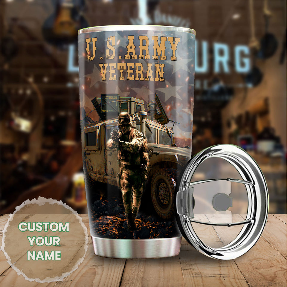 Camellia Personalized 3D American Army Veteran Stainless Steel Tumbler - Customized Double-Walled Insulation Therma Cup With Lid