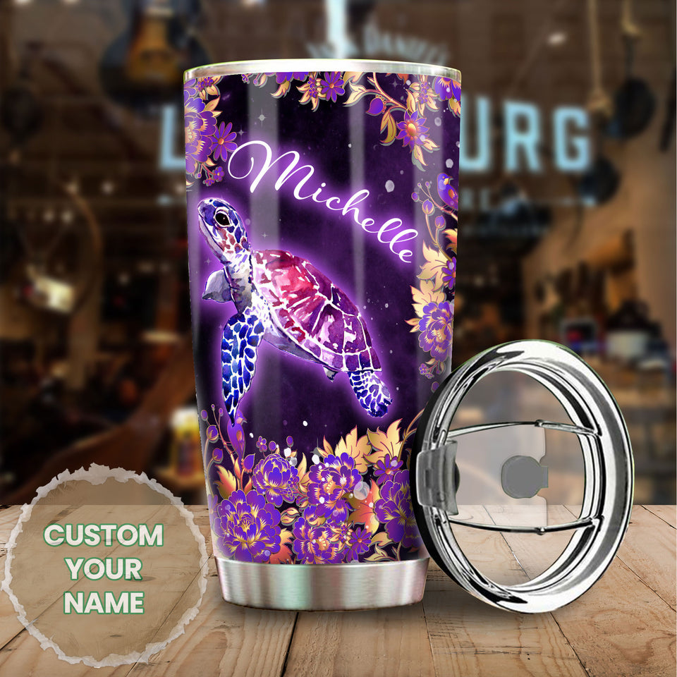 Camellia Personalized Purple Love Sea Turtle Stainless Steel Tumbler - Double-Walled Insulation Travel Thermal Cup With Lid Gift For Scuba Diver Surfing