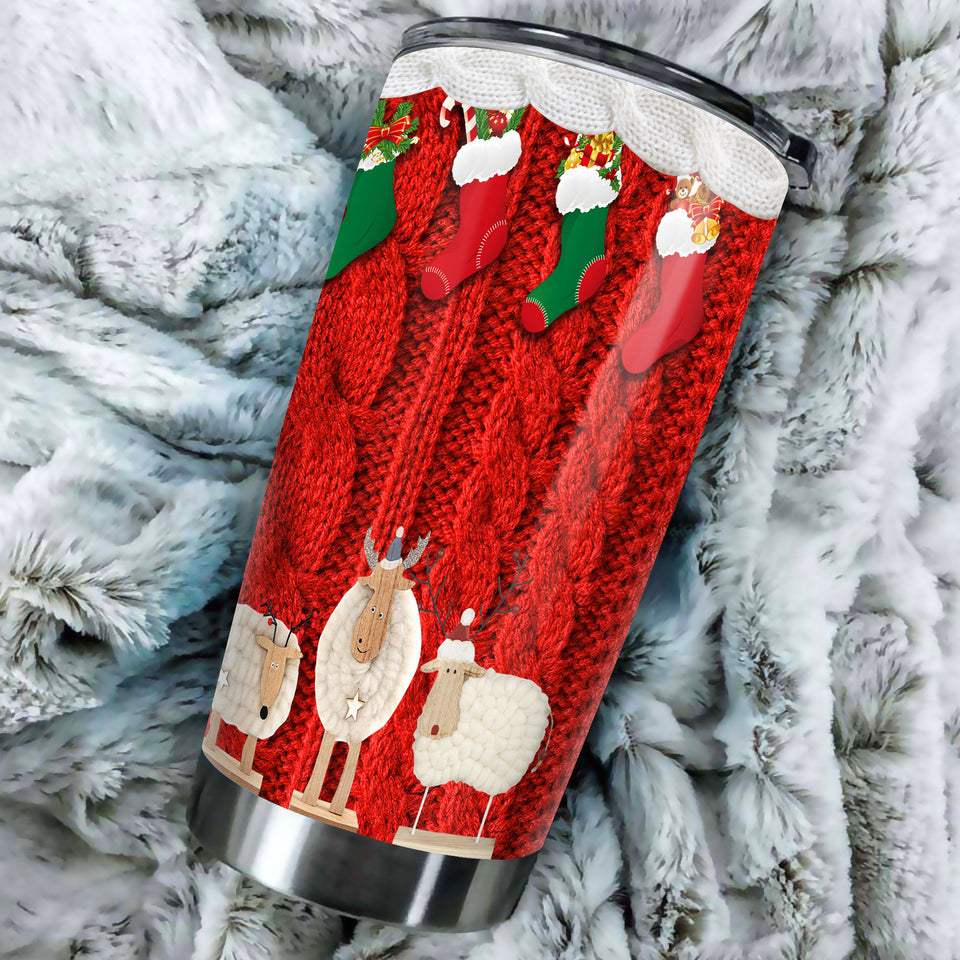 Camellia Personalized Christmas Wools Red Socks Sheep Yarn Knitting Stainless Steel Tumbler - Double-Walled Insulation Thermal Cup With Lid Xmas Gift For Crocheting Lover