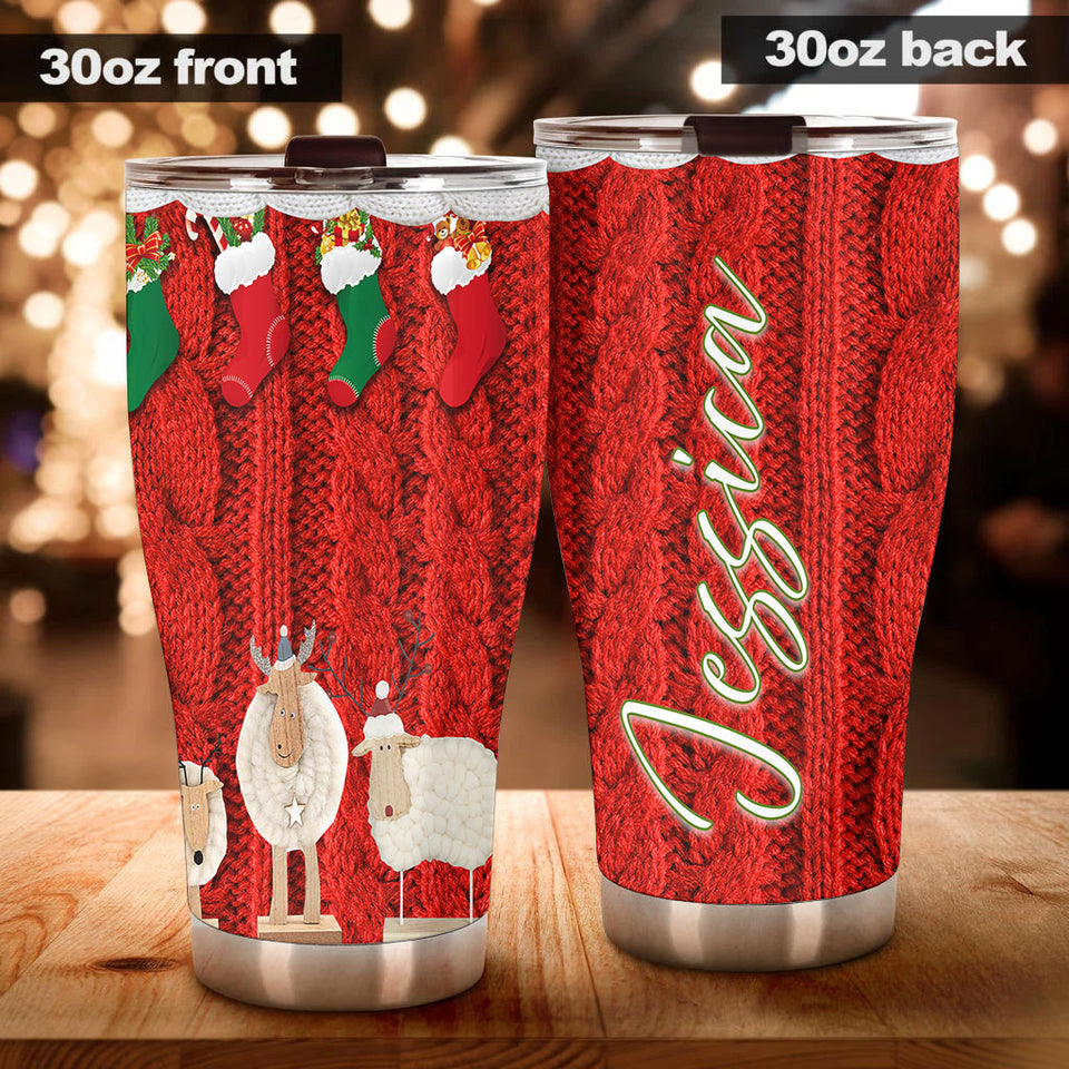 Camellia Personalized Christmas Wools Red Socks Sheep Yarn Knitting Stainless Steel Tumbler - Double-Walled Insulation Thermal Cup With Lid Xmas Gift For Crocheting Lover