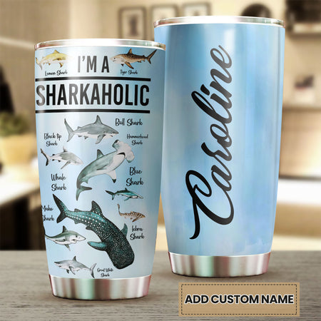 Camellia Personalized I'm A Sharkholic Shark Breeds Knowledge Stainless Steel Tumbler - Double-Walled Insulation Travel Thermal Cup With Lid Gift For Scuba Diver Shark Lover