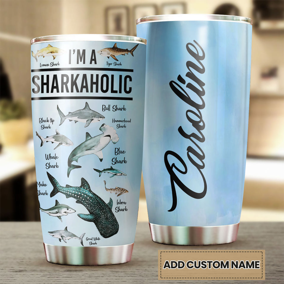 Camellia Personalized I'm A Sharkholic Shark Breeds Knowledge Stainless Steel Tumbler - Double-Walled Insulation Travel Thermal Cup With Lid Gift For Scuba Diver Shark Lover