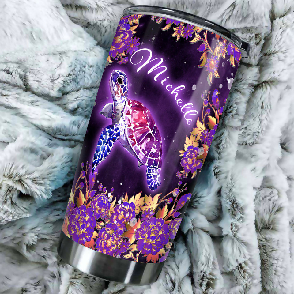 Camellia Personalized Purple Love Sea Turtle Stainless Steel Tumbler - Double-Walled Insulation Travel Thermal Cup With Lid Gift For Scuba Diver Surfing