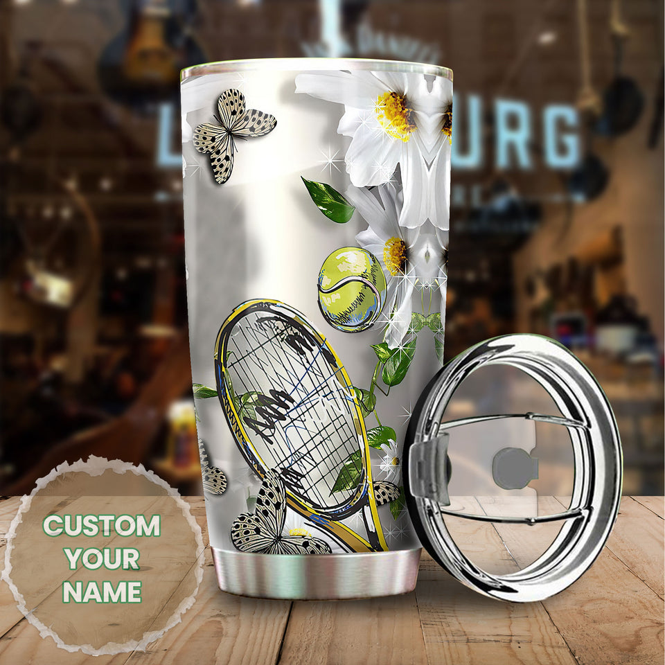 Camellia Personalized Tennis Racket And Ball Butterfly Daisy Graphics Stainless Steel Tumbler - Double-Walled Insulation Sporty Thermal Cup With Lid Gift For Tennis Player Women