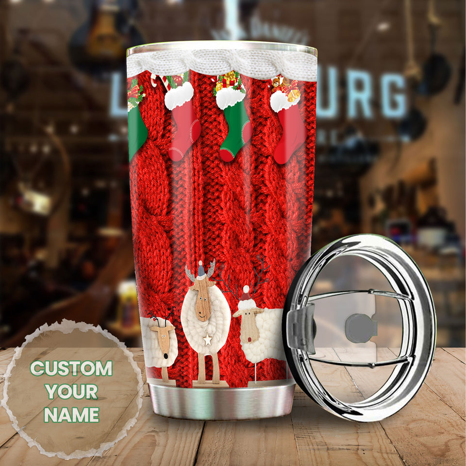 Camellia Personalized Christmas Wools Red Socks Sheep Yarn Knitting Stainless Steel Tumbler - Double-Walled Insulation Thermal Cup With Lid Xmas Gift For Crocheting Lover