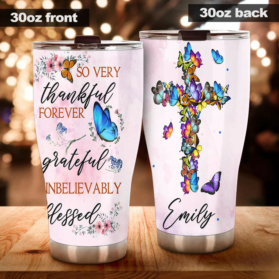 Camellia Personalized Butterfly Thankful Forever Unbelievably Blessed Stainless Steel Tumbler - Double-Walled Insulation Thermal Cup With For Memorable Day