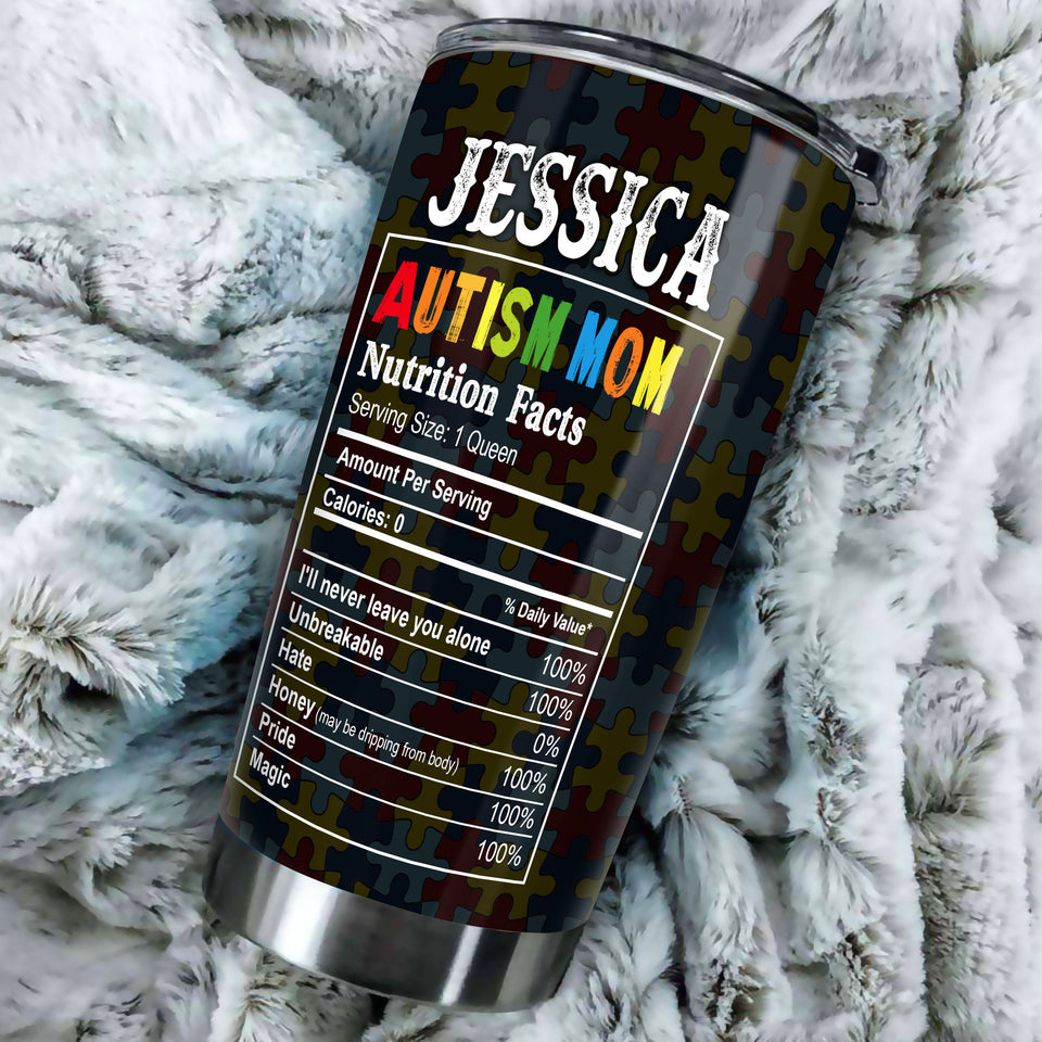 Camellia Personalized Autism Mom Nutrition Facts Pieces Ribbon Stainless Steel Tumbler - Double-Walled Insulation Travel Thermal Cup With Lid Gift For Autism Awareness Month