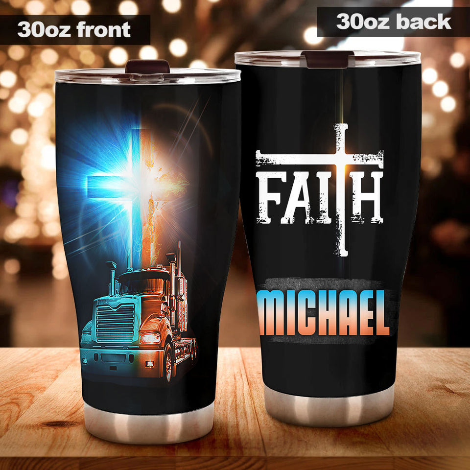 Camellia Personalized Metal Truck Trucker Faith Graphics Stainless Steel Tumbler - Double-Walled Insulation Travel Thermal Cup With Lid Gift For Faith Believer Trucker Men