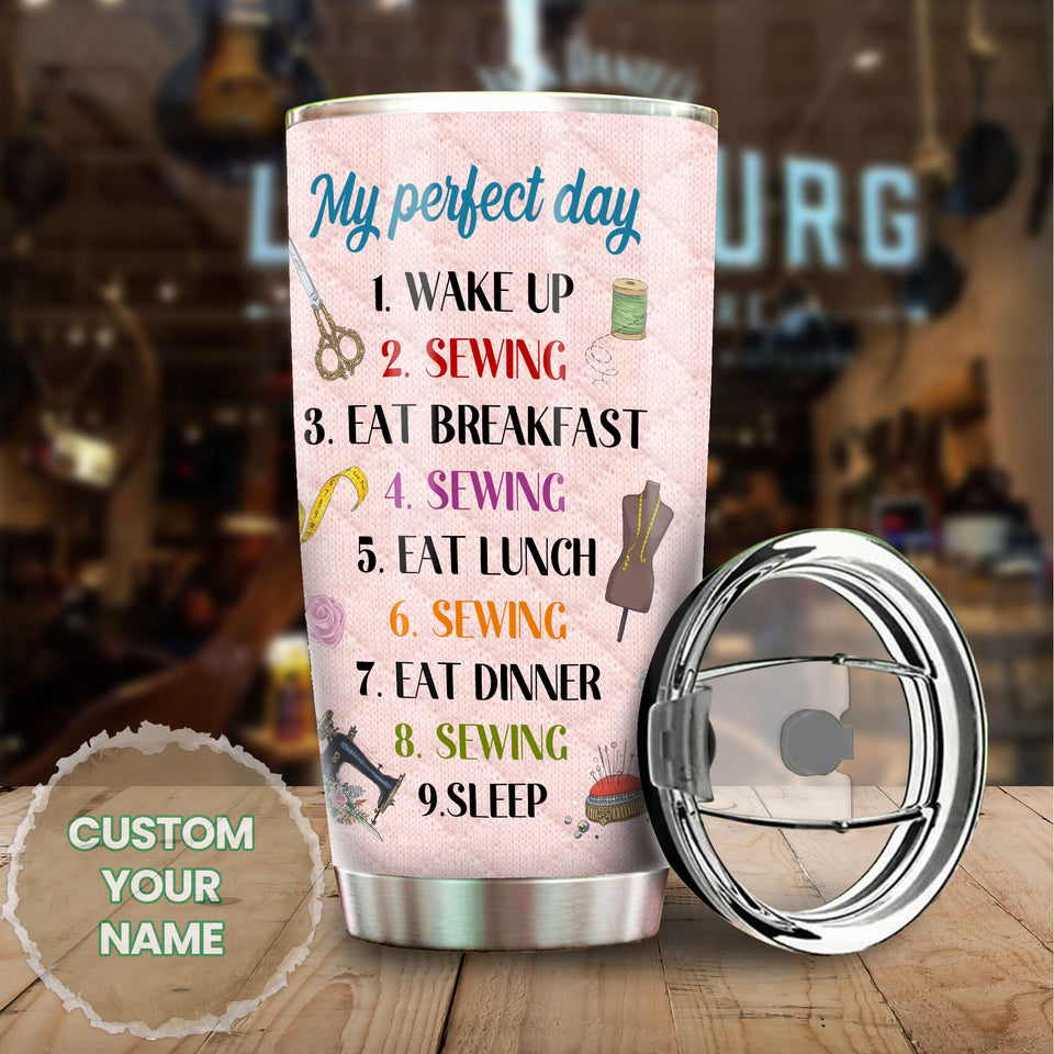Camellia Personalized Perfect Day Wake Up Sewing Sewist Vintage Stainless Steel Tumbler - Double-Walled Insulation Travel Thermal Cup With Lid Gift For Sewer Sewing Lover
