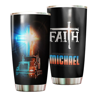 Camellia Personalized Metal Truck Trucker Faith Graphics Stainless Steel Tumbler - Double-Walled Insulation Travel Thermal Cup With Lid Gift For Faith Believer Trucker Men