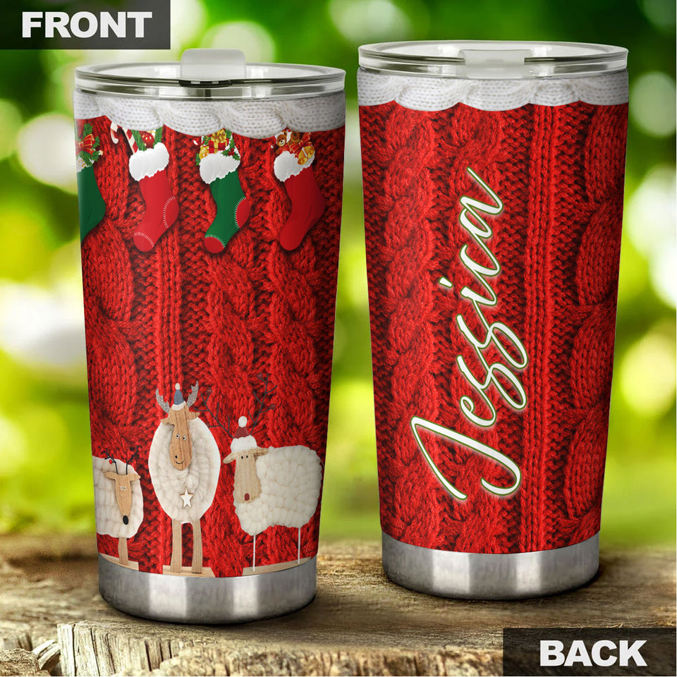 Camellia Personalized Christmas Wools Red Socks Sheep Yarn Knitting Stainless Steel Tumbler - Double-Walled Insulation Thermal Cup With Lid Xmas Gift For Crocheting Lover