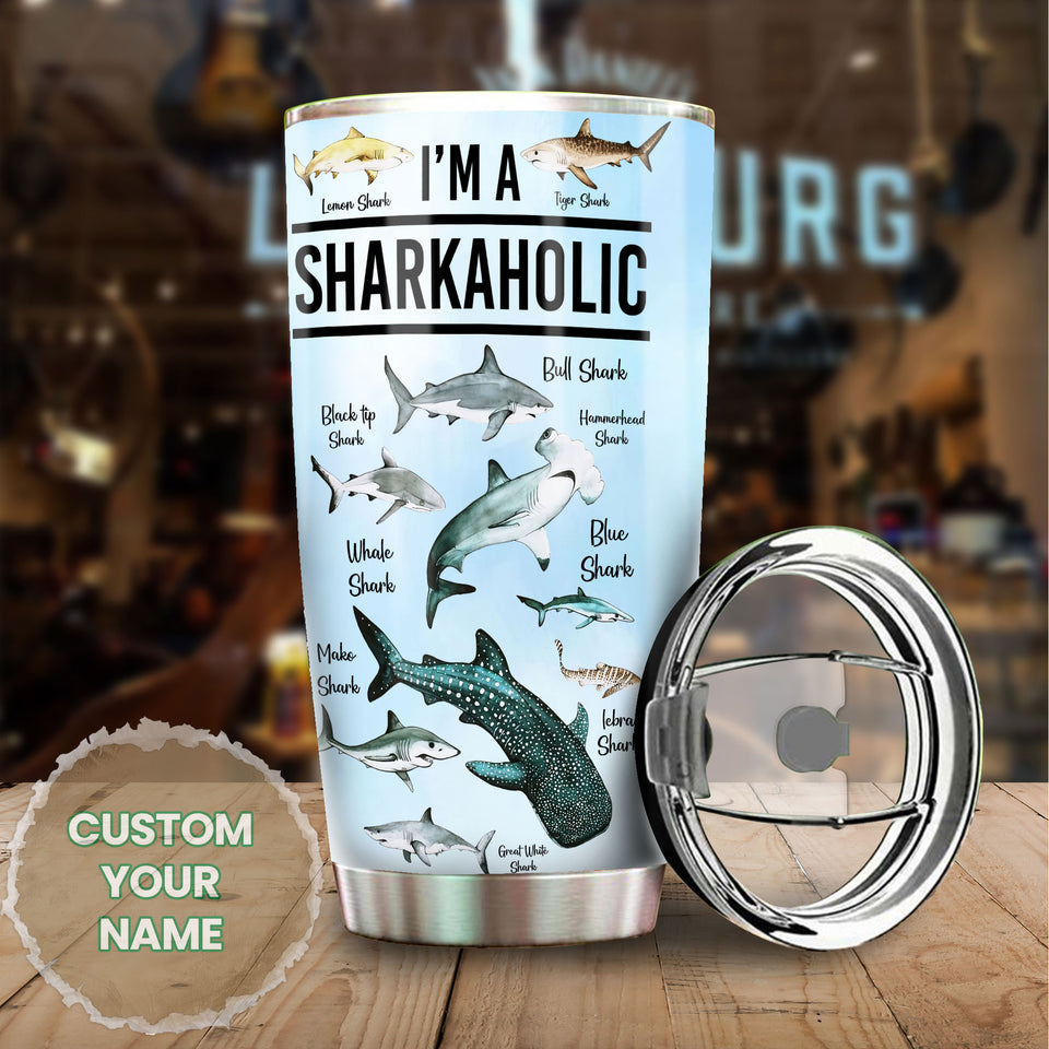 Camellia Personalized I'm A Sharkholic Shark Breeds Knowledge Stainless Steel Tumbler - Double-Walled Insulation Travel Thermal Cup With Lid Gift For Scuba Diver Shark Lover