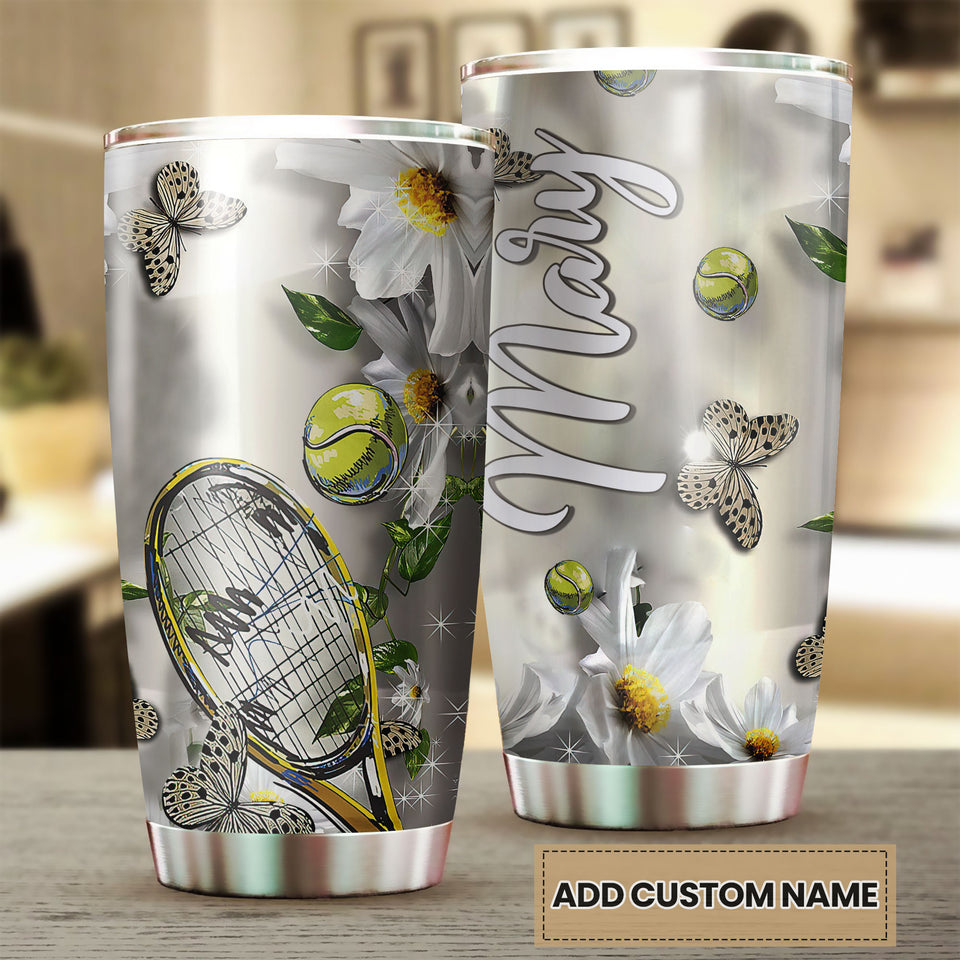 Camellia Personalized Tennis Racket And Ball Butterfly Daisy Graphics Stainless Steel Tumbler - Double-Walled Insulation Sporty Thermal Cup With Lid Gift For Tennis Player Women