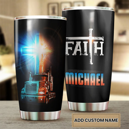 Camellia Personalized Metal Truck Trucker Faith Graphics Stainless Steel Tumbler - Double-Walled Insulation Travel Thermal Cup With Lid Gift For Faith Believer Trucker Men