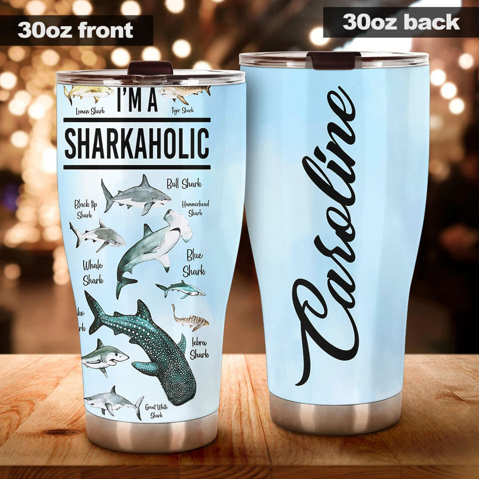 Camellia Personalized I'm A Sharkholic Shark Breeds Knowledge Stainless Steel Tumbler - Double-Walled Insulation Travel Thermal Cup With Lid Gift For Scuba Diver Shark Lover