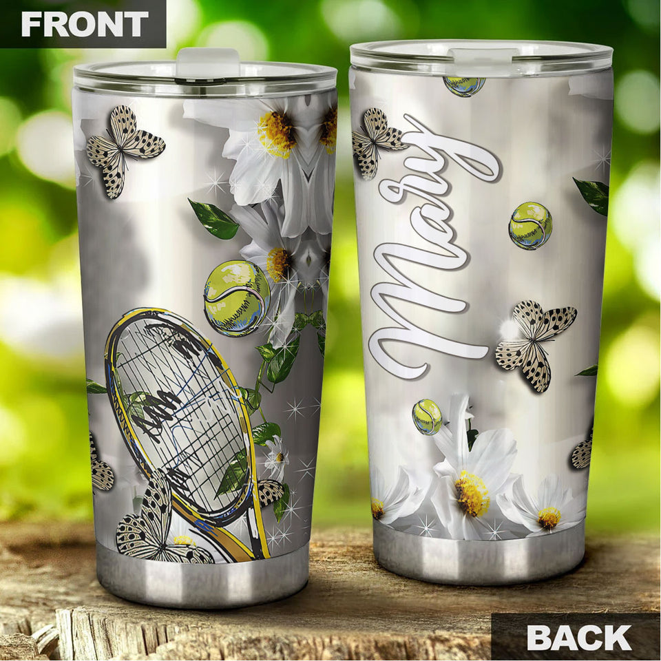 Camellia Personalized Tennis Racket And Ball Butterfly Daisy Graphics Stainless Steel Tumbler - Double-Walled Insulation Sporty Thermal Cup With Lid Gift For Tennis Player Women